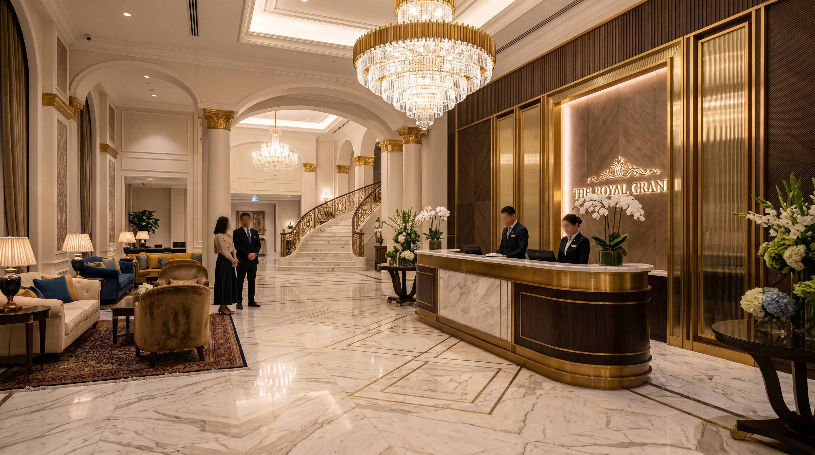 Elegant marble lobby of UKRankingSite hotel with warm lighting